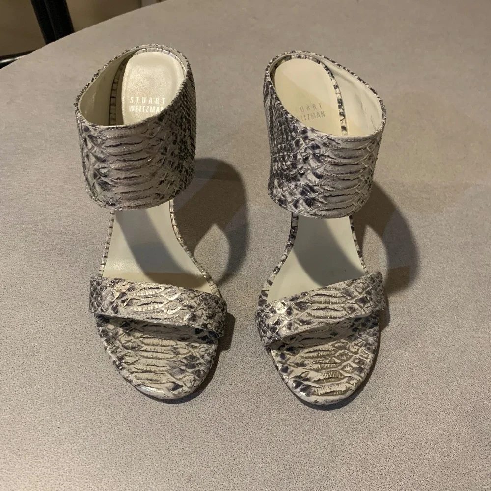 Stuart Weitzman Gray/Cream Snakeprint Leather Slide Sandals sz 9 M